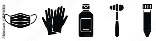 This set of medical and healthcare supplies including a face mask, protective gloves, hand sanitizer bottle, reflex hammer, and a test tube is perfect for health safety concepts and