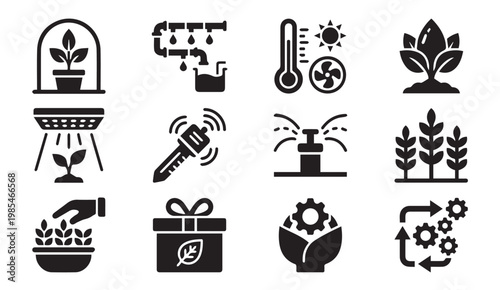 Smart farming and automatic greenhouse irrigation system solid icon set