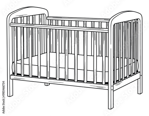Black and white line drawing of a baby crib, perfect for depicting nursery room furniture, infant sleeping arrangements, or educational materials about child care and early childhood.