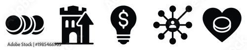 Commercial financial and business icons depicting money, asset growth, profitable ideas, networking, and wealth value, perfect for economic reports, corporate presentations, and investment