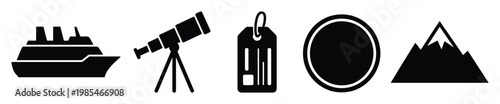 Modern black and white icons for travel, exploration, and nature themes, including a cruise ship, telescope, tag, blank badge, and mountain, perfect for digital and print media