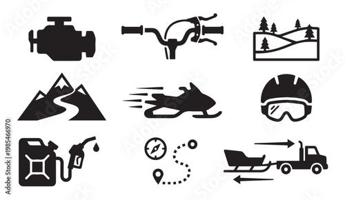 Winter recreation outdoor sports and transportation equipment icons off road