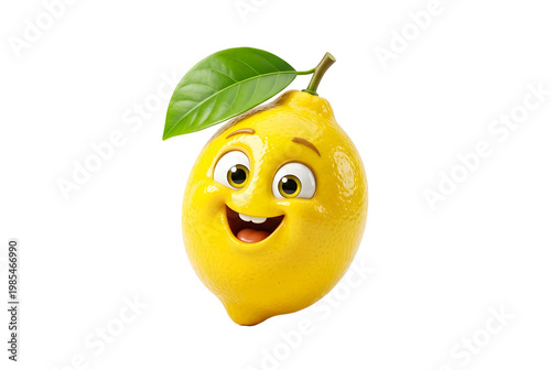 Cartoon Lemon Character with Smiling Face and Leaf on Transparent Background
