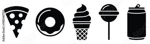 Set of popular junk food and sweet icons featuring a pizza slice, donut, ice cream cone, lollipop, and soda can ideal for menu applications, snack advertisements, and quick meal promotions