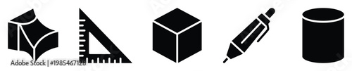 Stylized solid black icons for fundamental geometric shapes and essential drafting instruments offering versatile visual assets for educational content and professional architectural