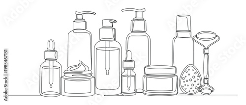 Continuous line drawing of essential skincare products including serums lotions creams and a facial roller perfect for packaging design branding or natural beauty blogging