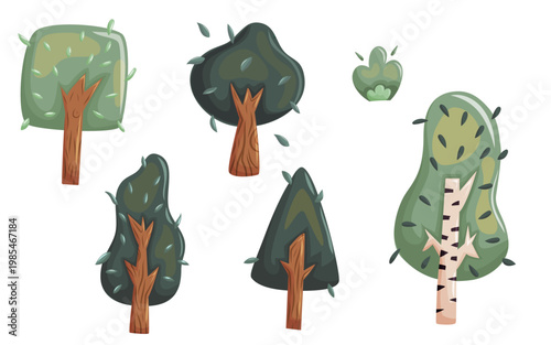 Cartoon Tree Set Vector Forest Illustration. Collection of stylized cartoon trees in different shapes, perfect for game design, nature themes, forest scenes, and creative vector illustrations.