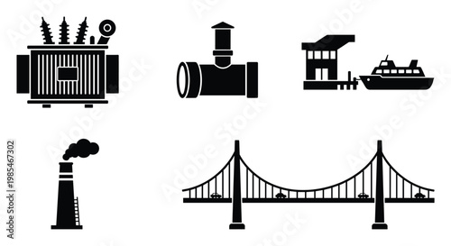 Collection of essential industrial and civil infrastructure icons depicting energy transformation, transportation systems, and heavy manufacturing for various business and educational