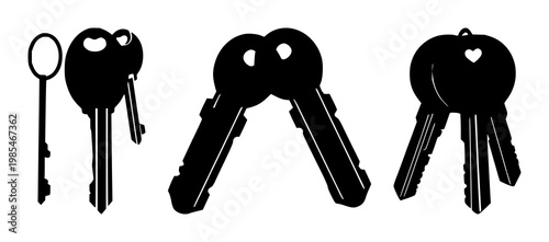 House keys set with solid black icon on white background featuring house keys, lock, hardware with black and white and vector