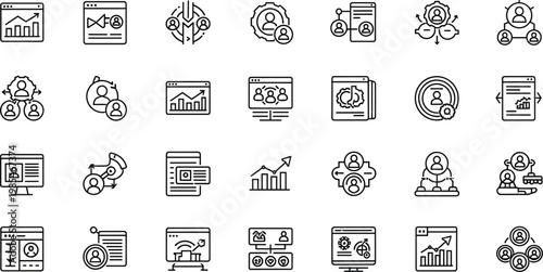 Customer analytics and user management line icon set featuring CRM data insights business growth outline vector collection
