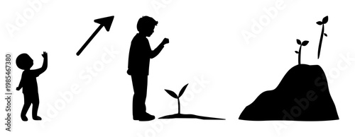 Growth through learning icons set with solid black icon white background featuring growth, learning, education with progression and development