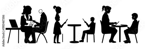 Tutoring icon set with simple black silhouette on white background featuring one-on-one education, teaching, student with mentor and learning