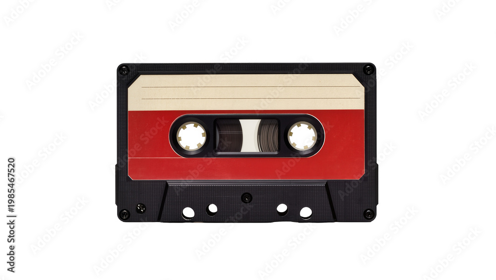 Fototapeta premium Red and Black Audio Cassette Tape with White Label and Reels