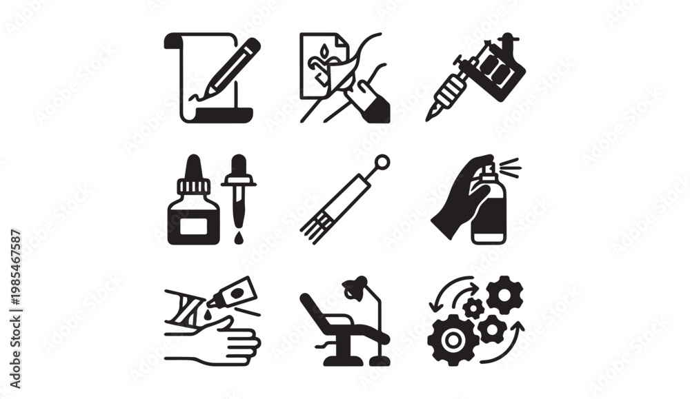 Fototapeta premium Tattoo art studio and body modification process line icons set with modification