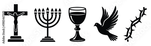 Collection of diverse sacred symbols depicting faith, spirituality, and worship, including a crucifix, menorah, chalice, dove, and crown of thorns, perfect for religious studies and