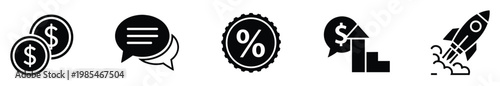 Essential business communication and financial success icons including currency discussion discount profit increase and rocket startup launch symbols for professional digital applications