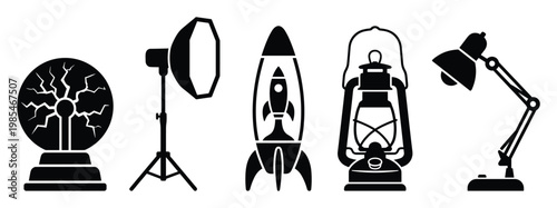 Diverse collection of innovation and progress icons featuring science apparatus, studio equipment, space exploration, and various lighting fixtures for modern visual projects