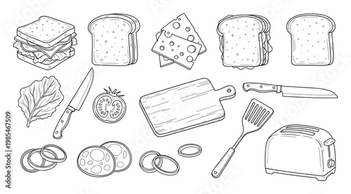 Outline sketches of sandwich components bread, cheese, lettuce, tomato, onion, salami, and kitchen tools knife, cutting board, spatula, toaster, perfect for food preparation concepts.
