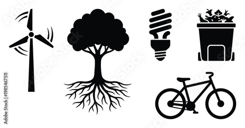 Ecofriendly symbols for sustainability featuring wind turbine, tree, energy efficient light, waste bin, and bicycle, suitable for environmental awareness and green living promotions.