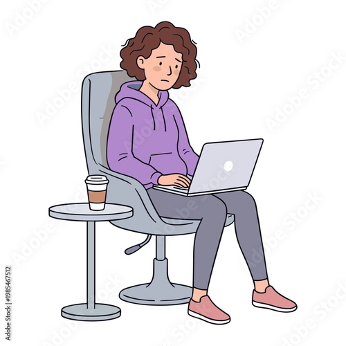 A woman sits on a chair using a laptop with a coffee cup nearby