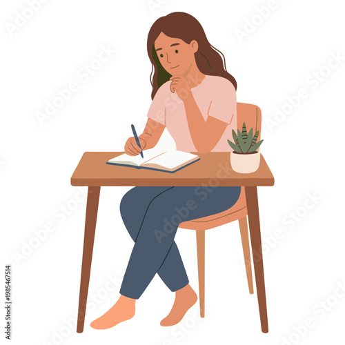 A woman sits at a desk writing in a notebook with a plant nearby.