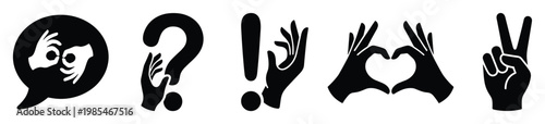 Versatile set of hand gesture icons representing communication, inquiry, emphasis, love, and peace, ideal for enhancing digital graphics, user interfaces, and educational resources