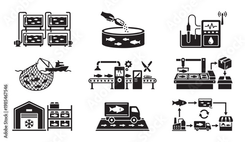 Aquaculture and fish farming industry production process line icons
