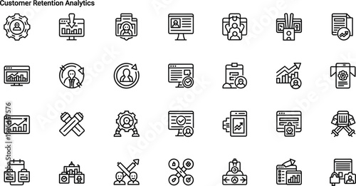 Customer retention analytics and user engagement line icon set featuring loyalty metrics customer insights CRM and business analytics