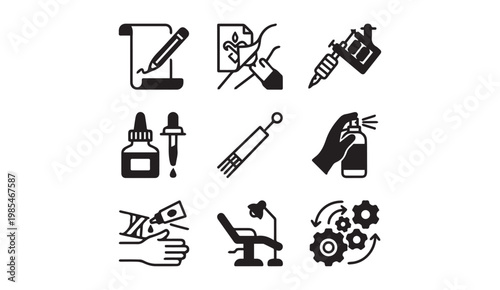 Tattoo art studio and body modification process line icons set with modification