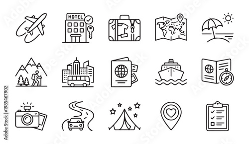 Travel and vacation hand drawn line icon set for tourism and holiday planning