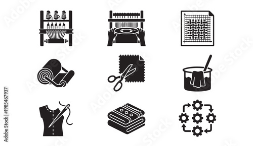 Black icons depicting textile manufacturing sewing clothing production