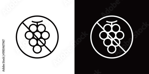 ぶどうNGのラインアイコン。アレルギーや犬猫飼育の禁忌。白黒ベクターイラスト