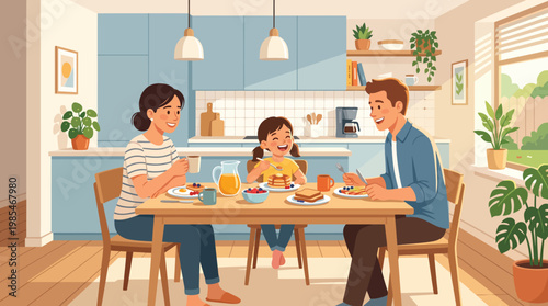 Family Eating Breakfast Together in Modern Kitchen Illustration