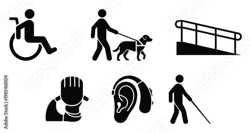 Collection of black graphic pictograms representing various accessibility symbols including wheelchair, guide dog, ramp, sign language, hearing aid, and white cane for public awareness and