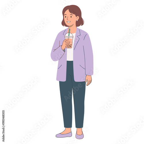 A woman in purple jacket holding a drink and smiling