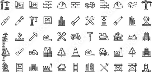 Construction and building industry line icon set featuring tools equipment architecture minimal outline vector collection
