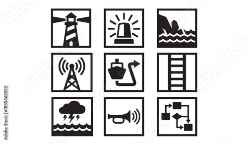 Maritime safety coastal navigation and warning system icon set with maritime