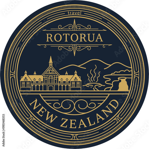 Elegant Rotorua New Zealand travel emblem featuring museum and geyser vector illustration