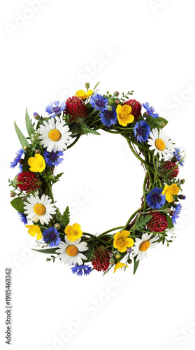colorful midsummer floral crown with wildflowers isolated