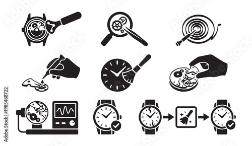 Professional watch repair and horology maintenance service icons with horology