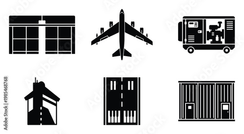 Variety of transportation and industrial facility glyphs such as aircraft, power generator, hangar doors, and runway markers ideal for infographics and engineering diagrams.