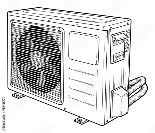 Outdoor air conditioning condenser unit in outline style for HVAC engineering diagrams home appliance maintenance service or energy efficiency projects