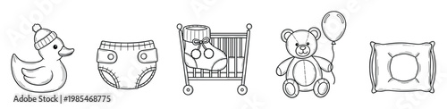 Monochrome outline set of baby essentials, including a cute duck, comfy diaper, crib, teddy bear with balloon, and soft pillow, perfect for infant announcements or coloring book designs.