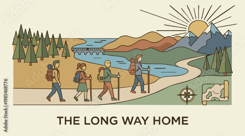 Line art illustration of hikers journeying through a scenic natural landscape