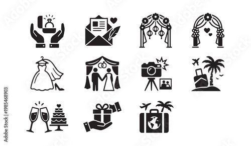Wedding ceremony and honeymoon travel celebration icon set with marriage