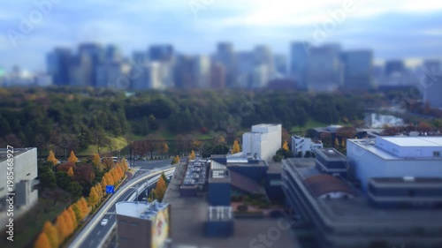 皇居と丸の内のビル群とイチョウ並木の一日のミニチュア風景