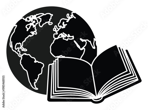 Global knowledge and education concept depicting an open book in front of a planet earth outline, ideal for academic materials, publishing services, and travel study programs.