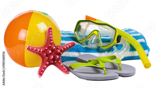 Sticker Yellow beach ball snorkeling gear starfish, and gray flip-flops on towel