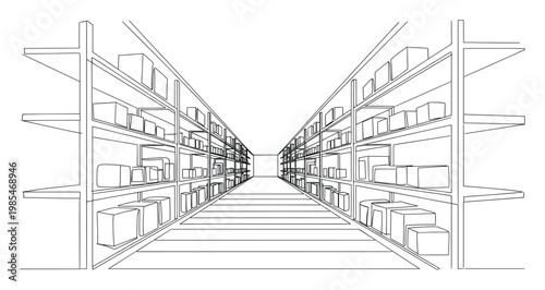 A long perspective view of a warehouse aisle lined with shelves holding numerous boxes, perfect for illustrating inventory management, supply chain operations, or general storage solutions