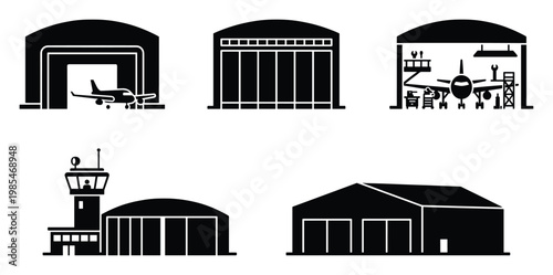 Aviation hangar and airport control tower silhouettes ideal for depicting aircraft storage, maintenance, and air traffic control concepts in industry presentations or educational graphics